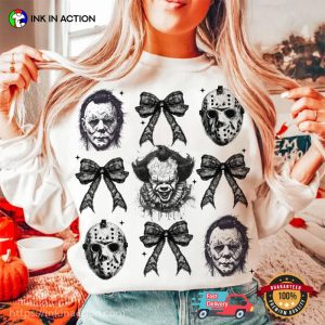 Horror Characters And Coquette Bow Retro Scary Halloween T shirt 2