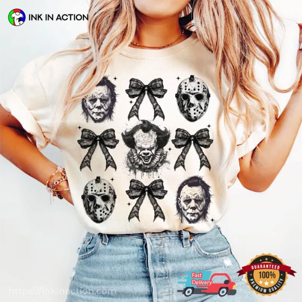 Horror Characters And Coquette Bow Retro Scary Halloween T-shirt