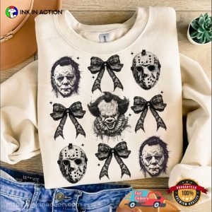 Horror Characters And Coquette Bow Retro Scary Halloween T shirt 4