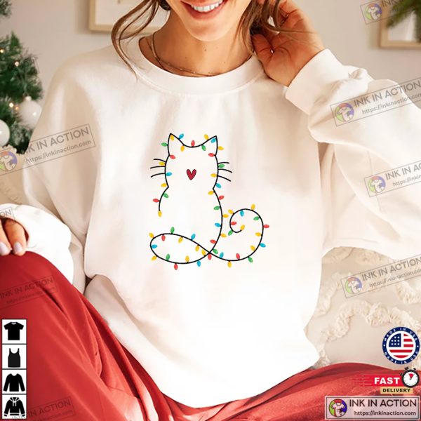 Cat Christmas Light Cute Xmas Tee