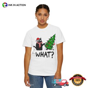 Funny Black Cat Gift Pushing Christmas Tree Tee