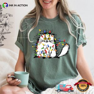 Funny Christmas Light Cat Meow Christmas Comfort Colors T-shirt