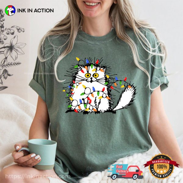 Funny Christmas Light Cat Meow Christmas Comfort Colors T-shirt