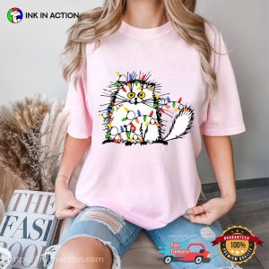 Funny Christmas Light Cat Meow Christmas Comfort Colors T shirt 3