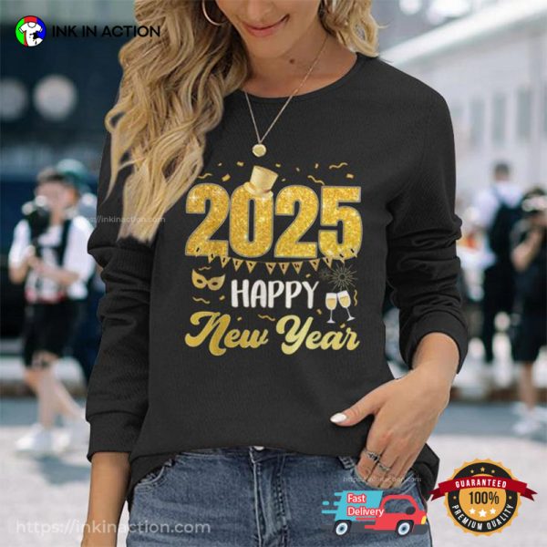 Golden 2025 Happy New Year Fireworks Party Shirt