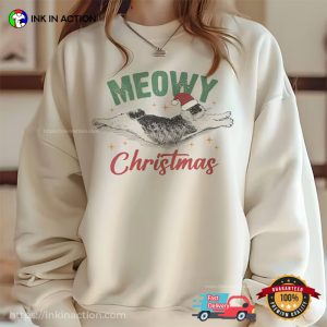 Meowy Christmas Stretching Cat T-shirt