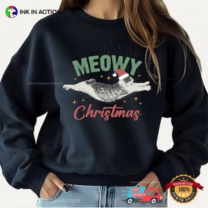 Meowy Christmas Stretching Cat T-shirt