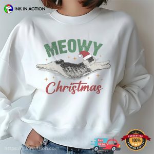 Meowy Christmas Stretching Cat T shirt 3