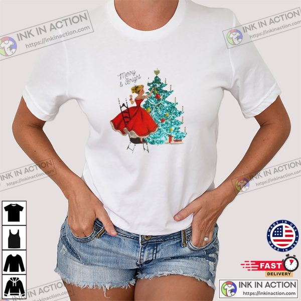 Merry And Bright Vintage Christmas Girl Decorating Tree T-shirt