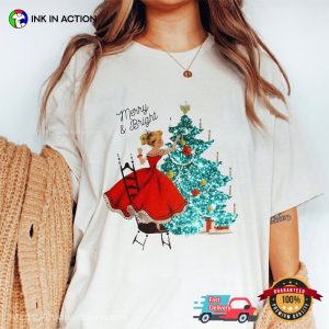 Merry And Bright Vintage Christmas Girl Decorating Tree T shirt 3