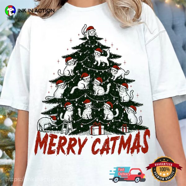 Merry Catmas Christmas Tree Cats Retro T-shirt