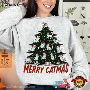 Merry Catmas Christmas Tree Cats Retro T-shirt