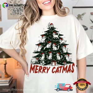 Merry Catmas Christmas Tree Cats Retro T shirt 4