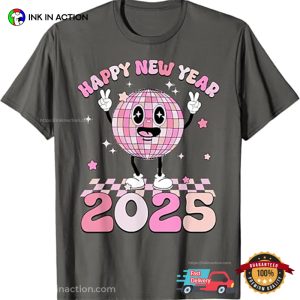 New Year's Eve 2025 Disco Ball Retro Happy New Year Pink T Shirt 2