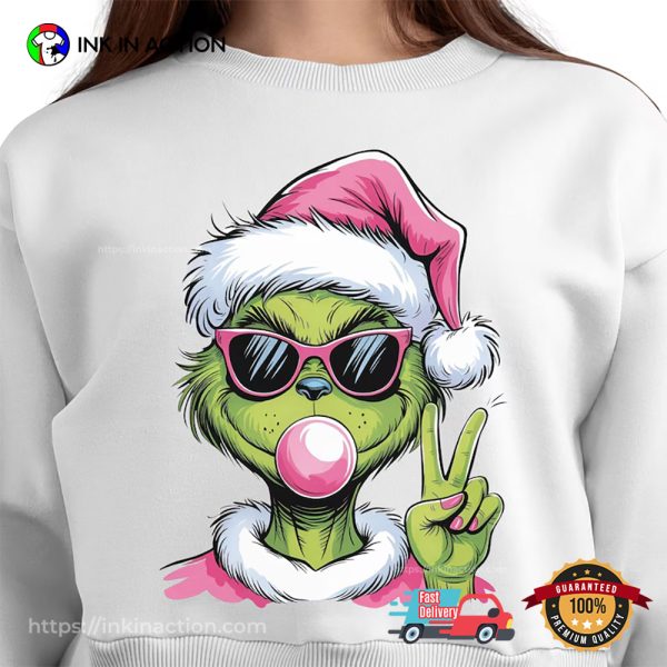 Pink Grinch Blowing Bubble Funny Christmas T-shirts