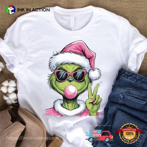 Pink Grinch Blowing Bubble funny christmas t shirts 2