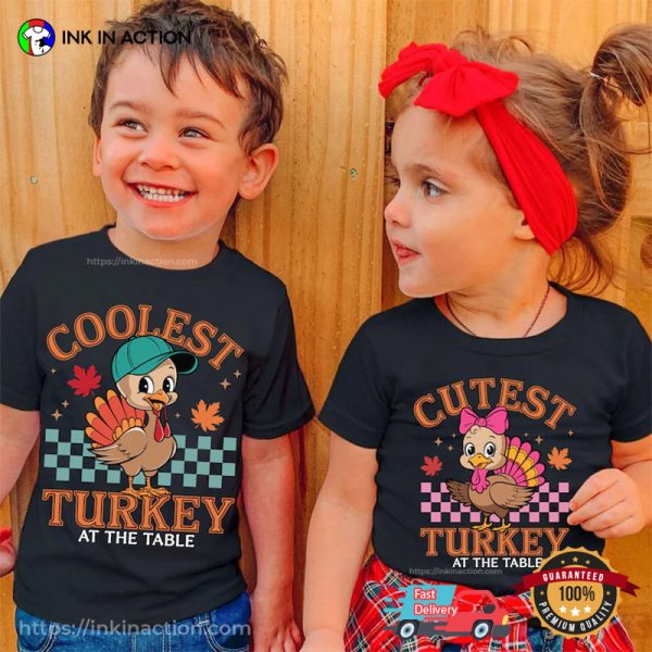 Turkey At The Table Boy And Girl Thanksgiving Kids Matching T-shirt