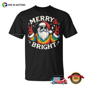 Vintage Retro Merry And Bright Hippie Santa Peace Christmas T-Shirt