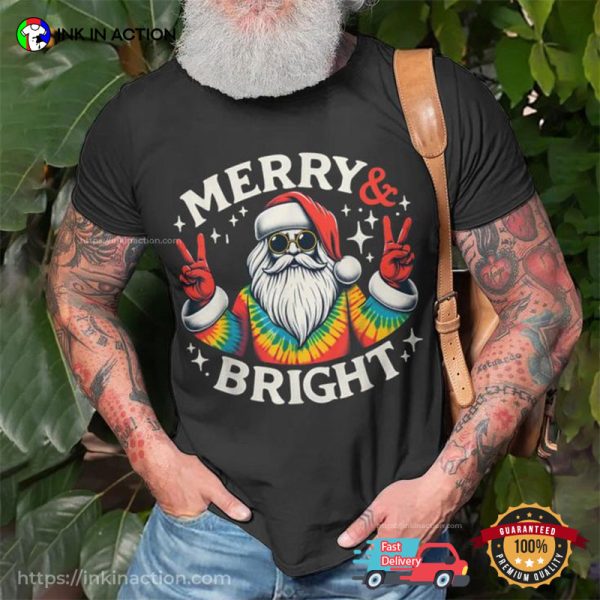 Vintage Retro Merry And Bright Hippie Santa Peace Christmas T-Shirt