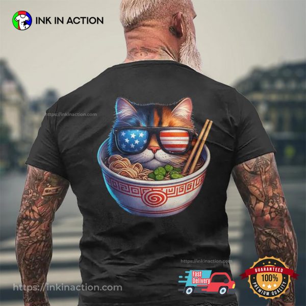 Cool America Flag Cat Ramen T-shirt