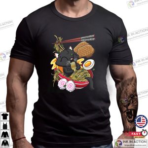 Kawaii Black Cat Ramen Noodles Anime T-shirt