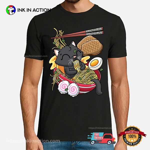 Kawaii Black Cat Ramen Noodles Anime T-shirt