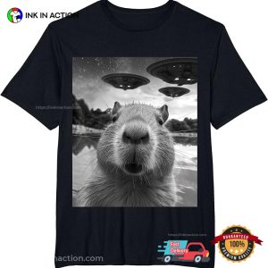 Cute Capybara Selfie With UFO Graphic Tee 3