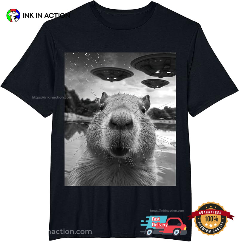 Cute Capybara Selfie With UFO Graphic Tee Cute Capybara Selfie With UFO Graphic Tee