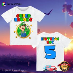 Super Luigi Mario Cartoon Birthday Boy Party 2 Sided Shirt