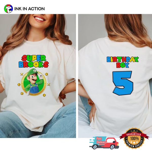 Super Luigi Mario Cartoon Birthday Boy Party 2 Sided Shirt