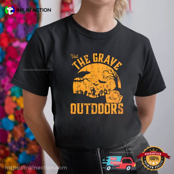 Visit The Grave Outdoors Retro Halloween Cemetary T-shirt