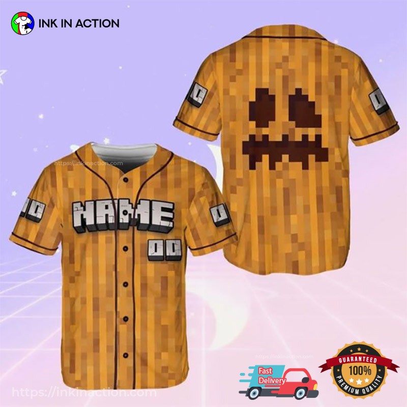 Customized Minecraft Jack-o’-Lantern Pixel Character Baseball Jersey Customized Minecraft Jack-o’-Lantern Pixel Character Baseball Jersey