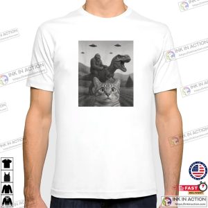 Funny Cat Selfie With Bigfoot Riding T rex Dinosaur T shirt 3