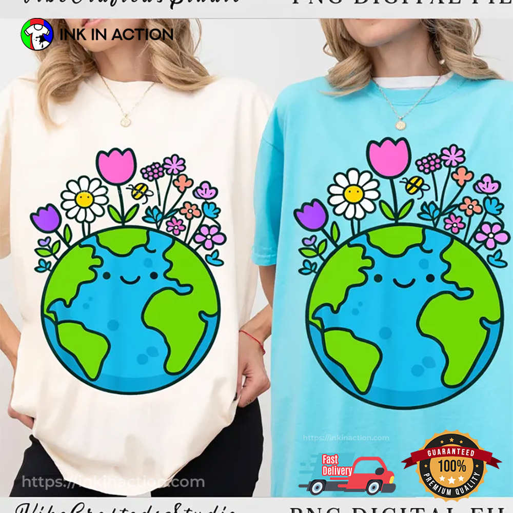 Earth Day 2025 Cute Earth With Floral T-shirt Earth Day 2025 Cute Earth With Floral T-shirt