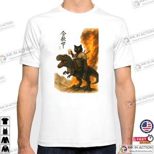 Black Samurai Cat Riding Dinosaur On Battle Field Japan Art T shirt 3