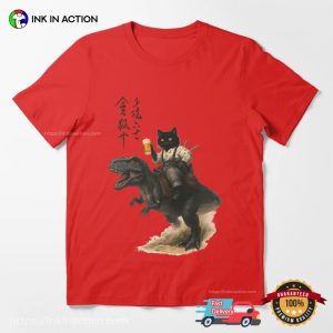 Cheers Samurai Cat Rides A T rex Retro Japanese Art T shirt 1