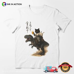 Cheers Samurai Cat Rides A T rex Retro Japanese Art T shirt 3