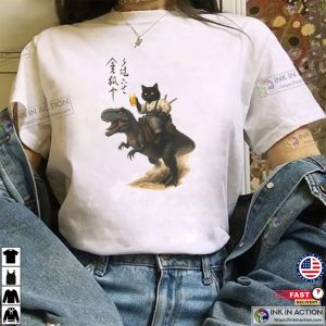 Cheers Samurai Cat Rides A T rex Retro Japanese Art T shirt