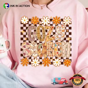 Retro Checkered Cozy Season Fall Vibes T-shirt 1