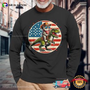 Retro Cowboy Cat Riding T-rex 4th Of July T-shirt