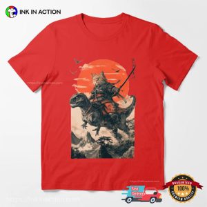 Samurai Cat Riding A Dinosaur Sunset Japanese Style T-shirt