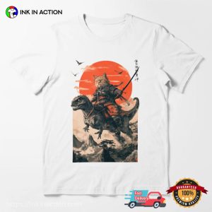 Samurai cat riding a dinosaur Sunset Japanese Style T shirt 3