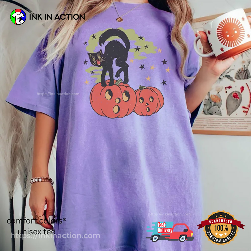 Vintage Inspired Halloween Witch Kitten Pumpkin Season Comfort Color Tee