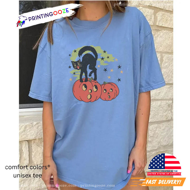 Vintage Inspired Halloween Witch Kitten Pumpkin Season Comfort Color Tee Vintage Inspired Halloween Witch Kitten Pumpkin Season Comfort Color Tee