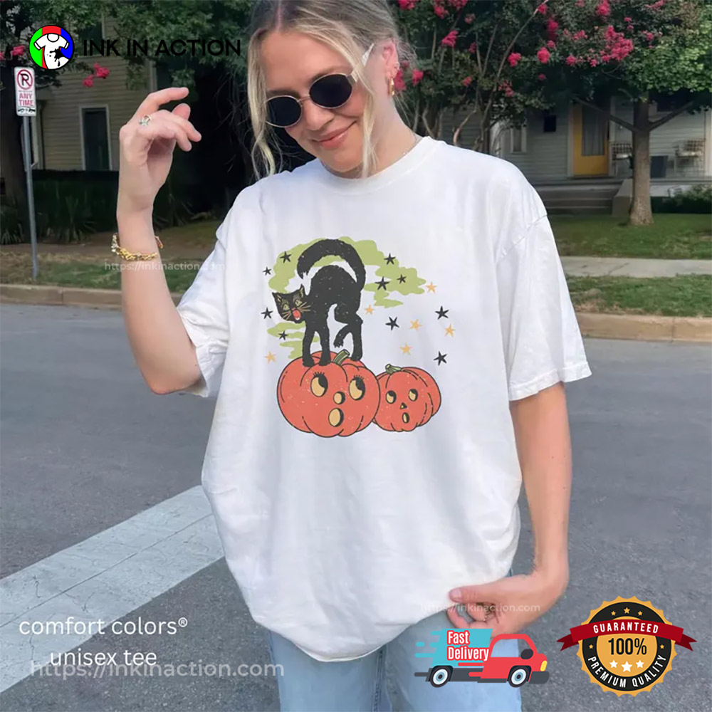 Vintage Inspired Halloween Witch Kitten Pumpkin Season Comfort Color Tee