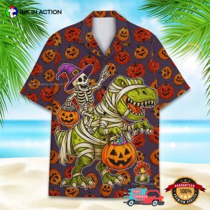 Halloween Skeleton Riding T rex Hawaiian Shirt 2