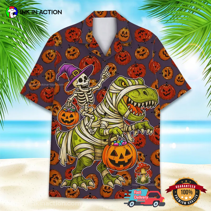 Halloween Skeleton Riding T-rex Hawaiian Shirt Halloween Skeleton Riding T-rex Hawaiian Shirt