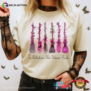 In October We Wear Pink Halloween witch's brooms Comfort Colors Tee 1