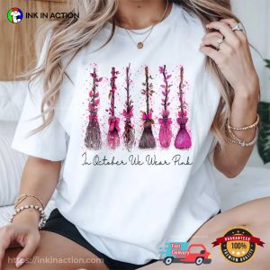 In October We Wear Pink Halloween witch's brooms Comfort Colors Tee 3
