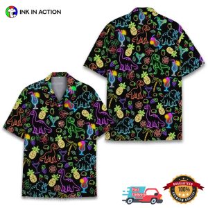 Neon Dinosaur And Cocktail Summer Time Hawaiian Shirt